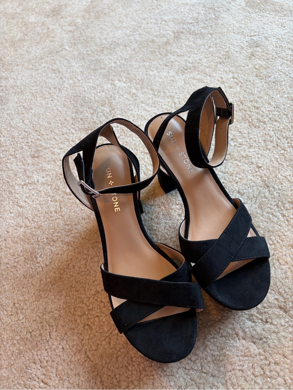 Sun + Stone Black Suede Ankle-Strap Block Heels